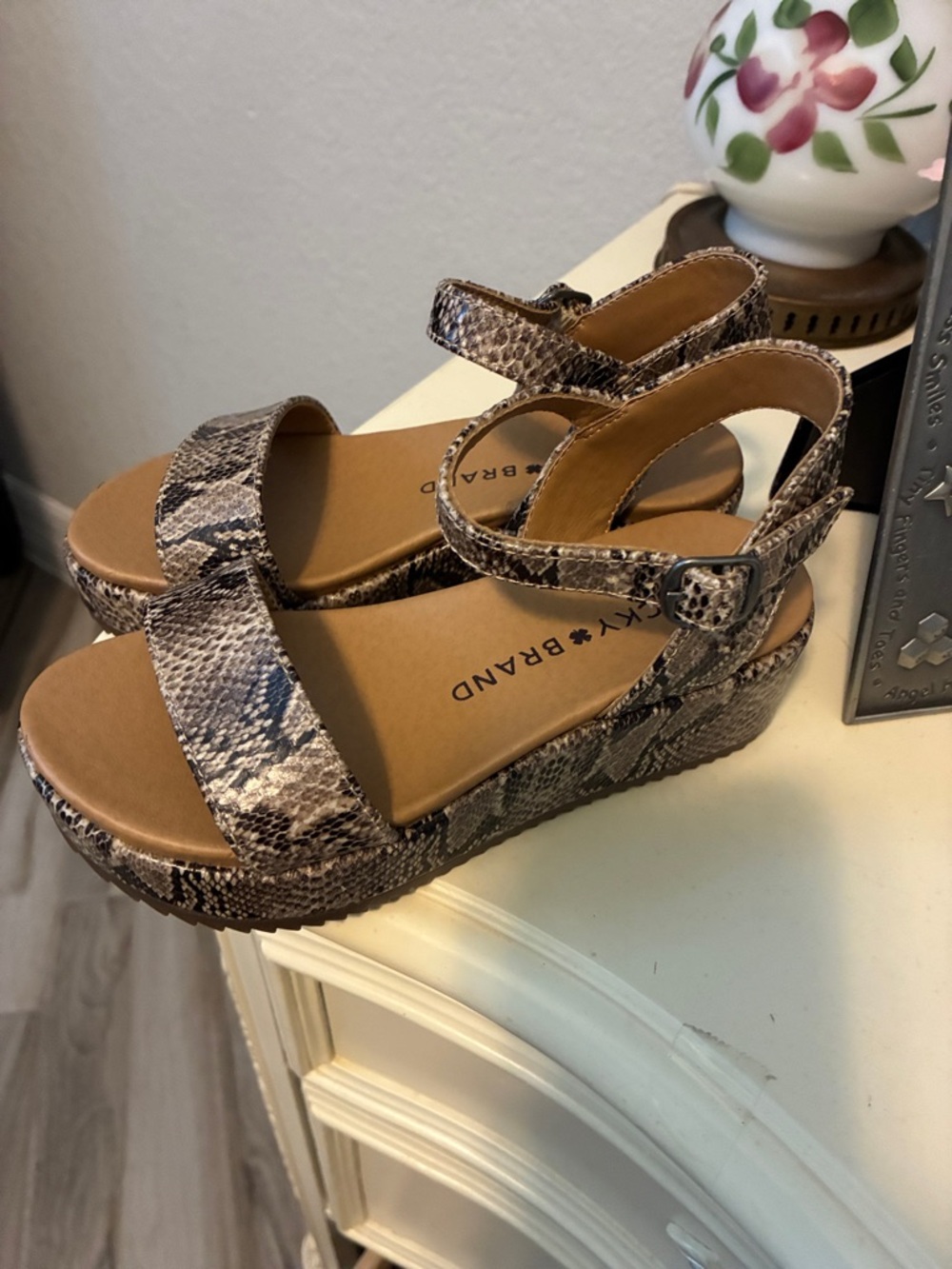 Lucky Brand Snakeskin-Print Wedge Sandals - Brown/Tan